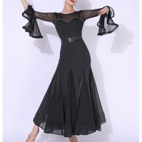 Black Ballroom Dancing Dresses for Women girls Long flare sleeves bling waltz tango foxtrot smooth dance long skirts costumes with ribbon sashes